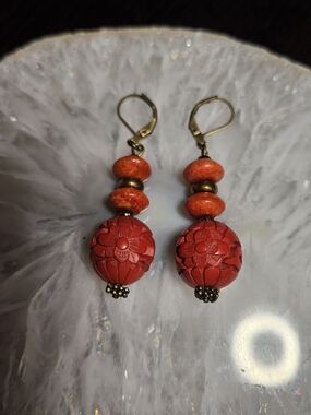 Red Cinnabar And Sponge Coral Earrings